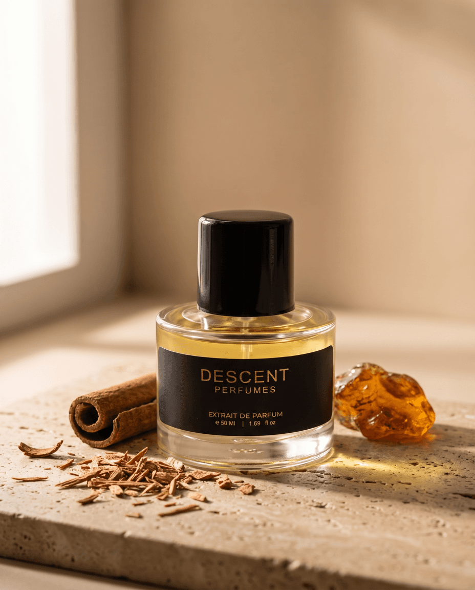 Descent extrait bottle on dark walnut wood with sandalwood shavings, amber resin and drifting smoke